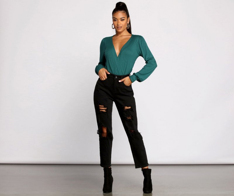 TableClothsUs Sultry Deep V Neck Ribbed Bodysuit